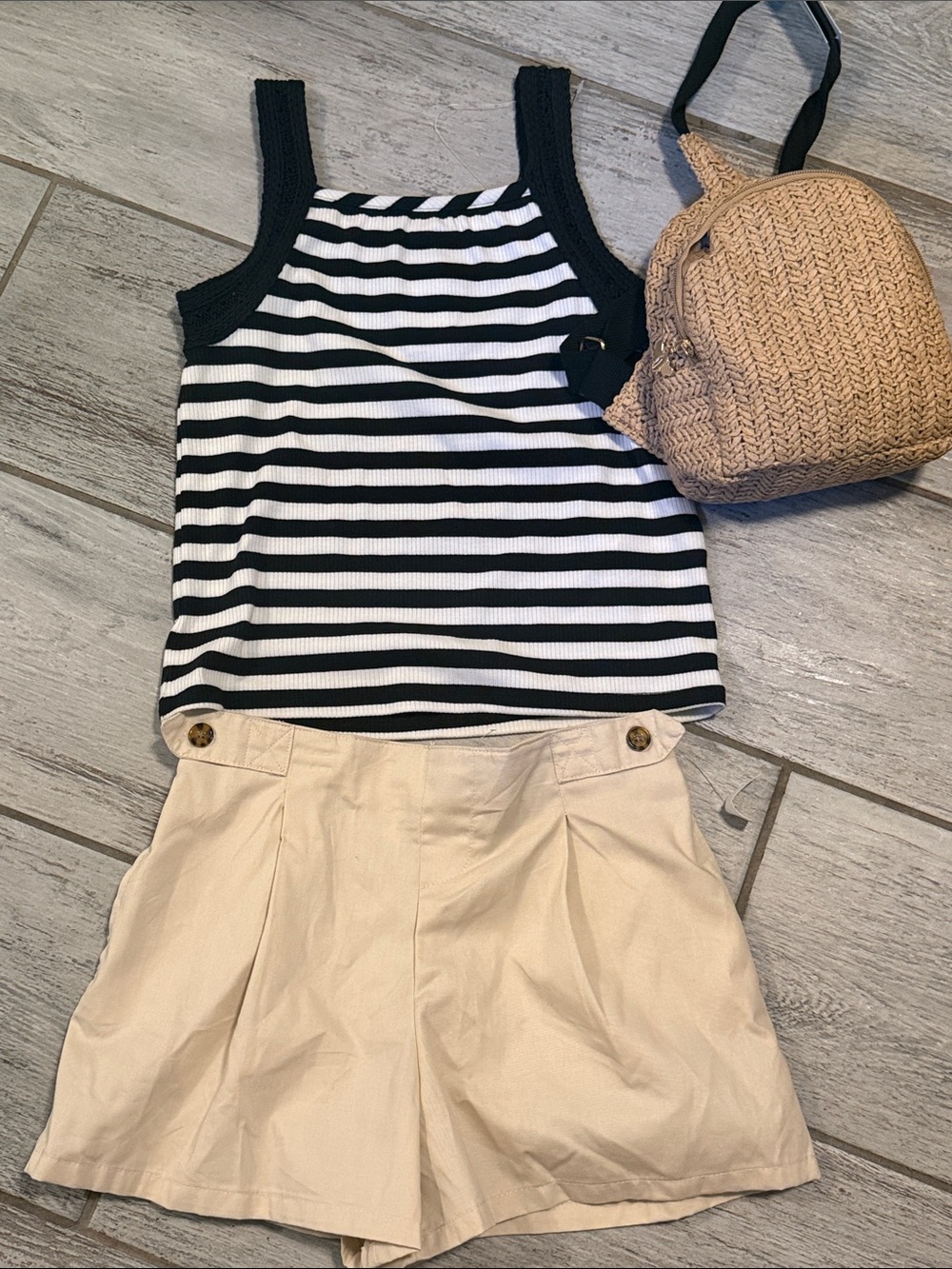 Max Studio Black & White Striped Tank with Cream Pleated Shorts - Kids 10/12 NWT